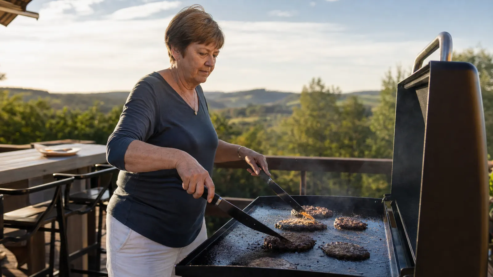 Gwen flipping several smash burgers side by side on a Blackstone griddle on the back deck in the East Bay hills