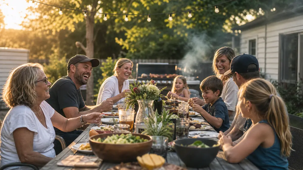 A long backyard table full of friends and family at a summer cookout with grill smoke in the background