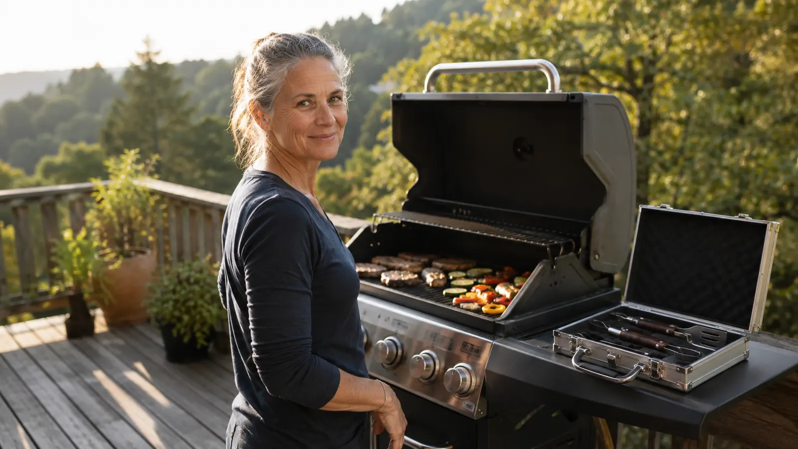 A woman on a back deck opening an aluminum grill tool case beside a three-burner gas grill