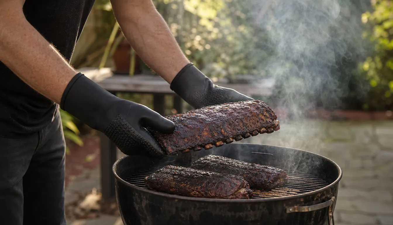 Hands in black silicone gloves lifting a hot rack of ribs off a smoking charcoal kettle grill