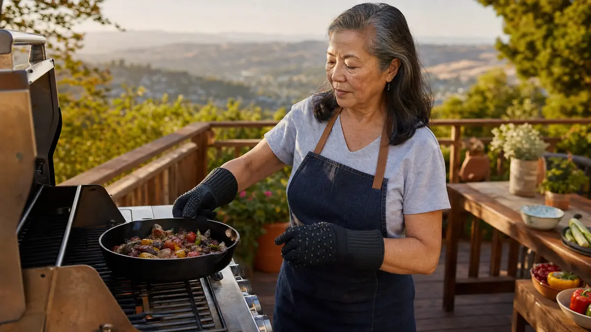 Gwen wearing black silicone heat resistant gloves lifting a cast iron skillet off a three burner gas grill with hills in the background