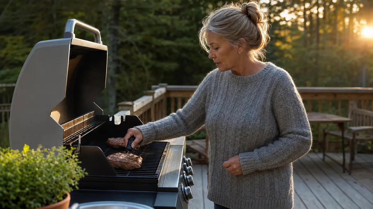 Gwen checking a steak on a gas grill with the Alpha Grillers instant read thermometer at golden hour