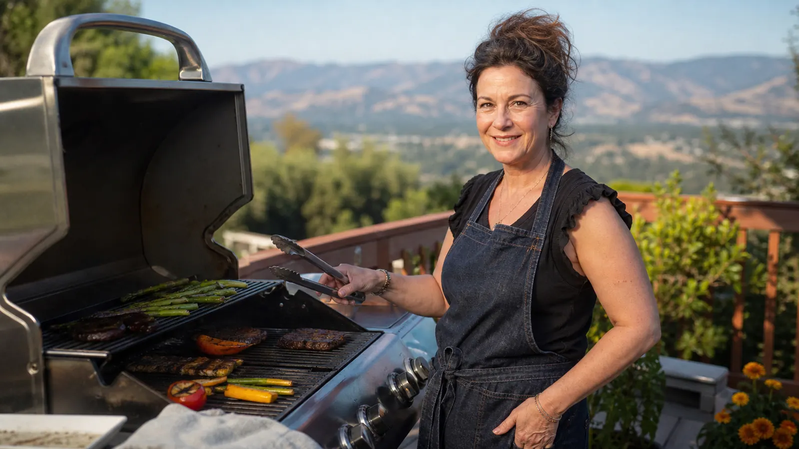 A woman in her sixties standing at a three-burner gas grill on a wooden deck in the hills, evening light, smoke drifting off the grates