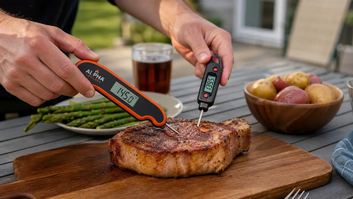 Close-up of the Alpha Grillers thermometer probe and a reference probe thermometer both inserted into the same pork chop showing matching digital readouts