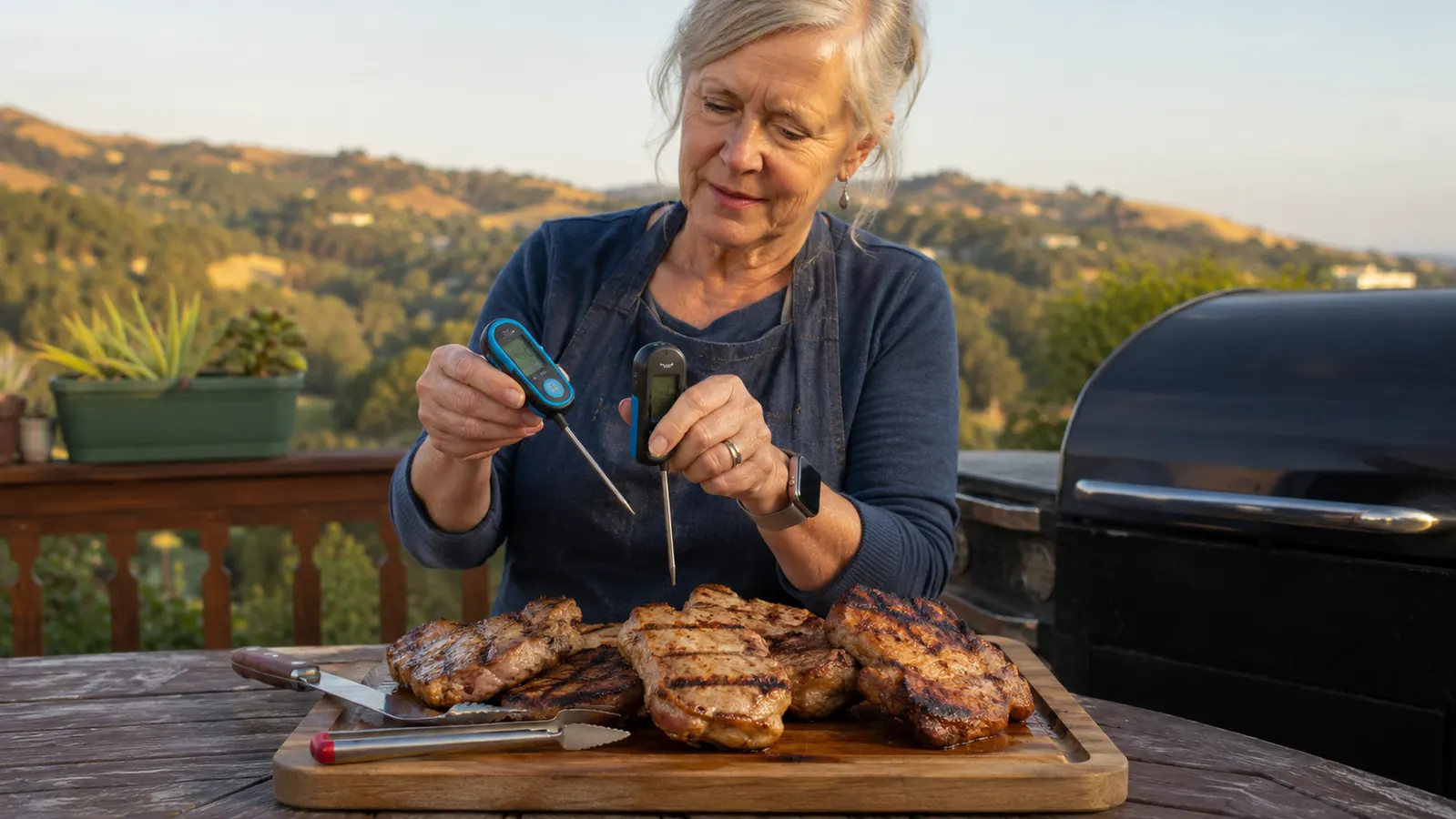 Gwen holding the Alpha Grillers thermometer next to a certified reference probe thermometer over a cutting board of grilled meat