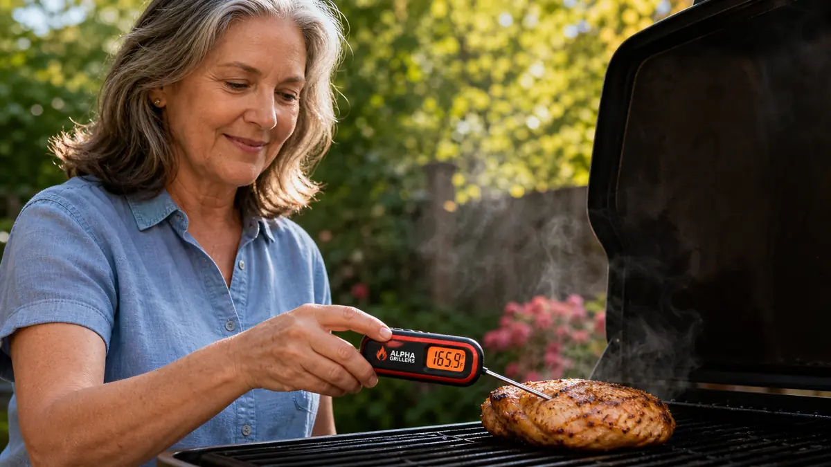 Close-up of the Alpha Grillers thermometer probe inserted into a grilled chicken breast, digital readout visible