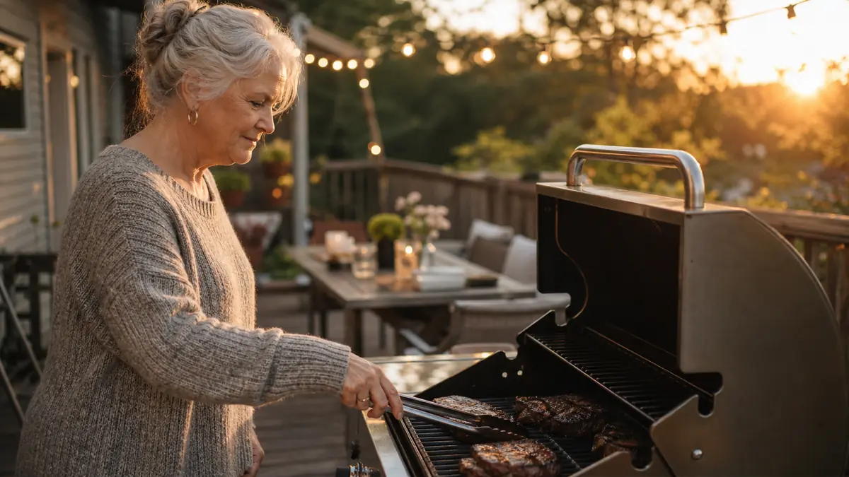 Gwen holding an Alpha Grillers instant read thermometer over a steak on a gas grill at dusk