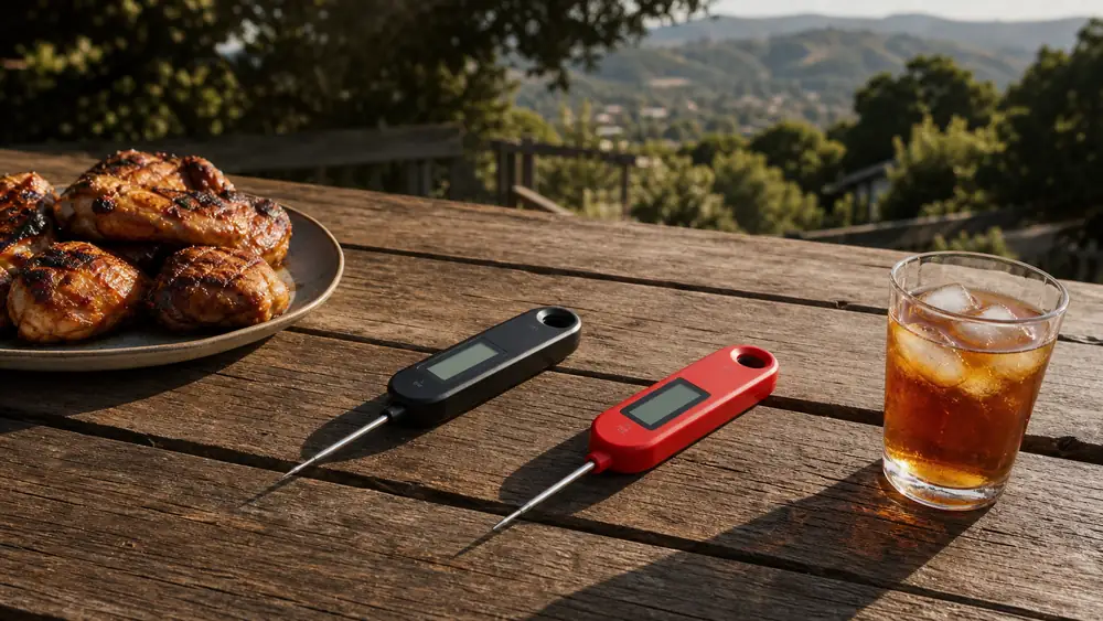 Two instant read meat thermometers laid side by side on a wooden patio table next to a plate of grilled chicken thighs