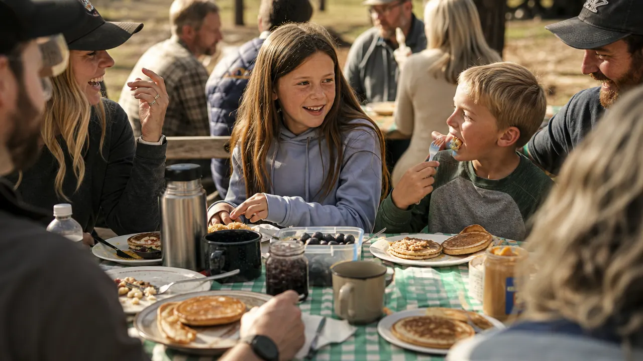 Grandkids Sofia and Marco eating pancakes off paper plates at a picnic table surrounded by adults laughing