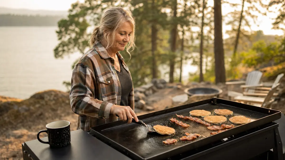 Gwen standing at a Blackstone griddle on a campsite table at dawn, steam rising off the flat top, pines and a lake in soft golden light behind her