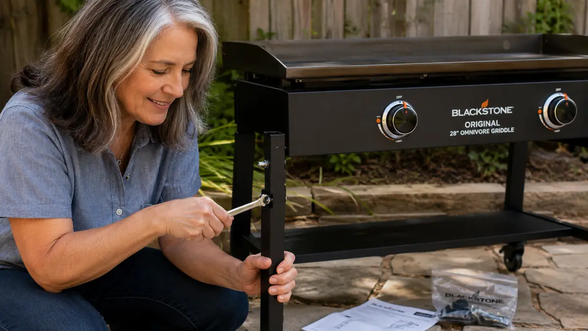 Close-up of hands tightening a bolt on the leg of the Blackstone griddle cart during assembly