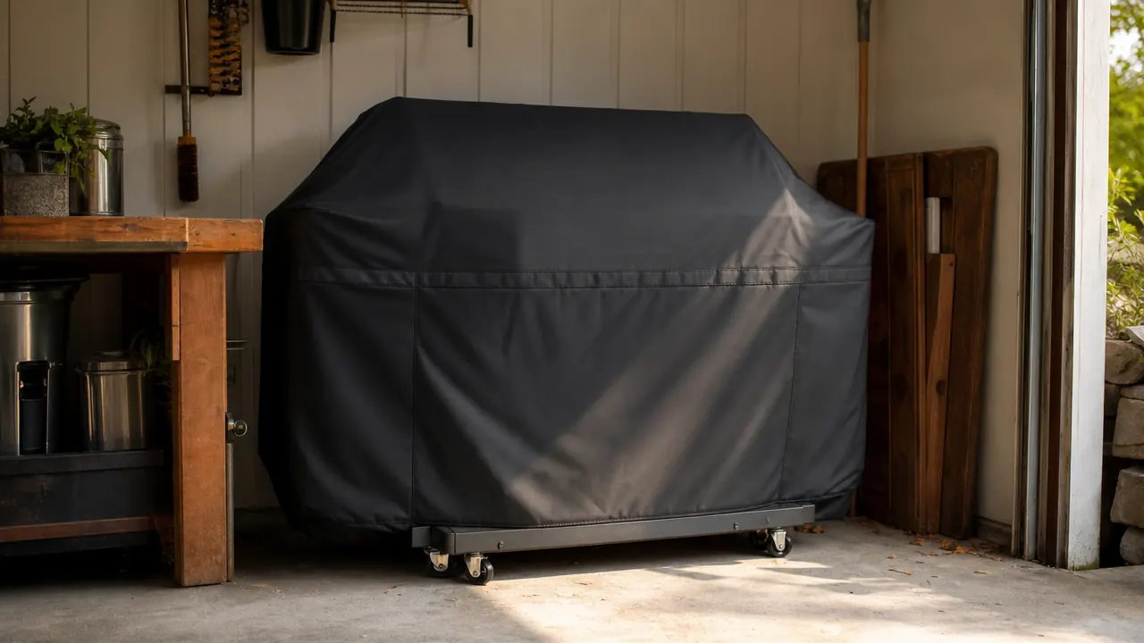 Blackstone griddle covered with a fitted cover and parked against a garage wall