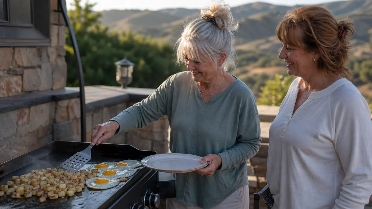 Gwen and her friend Bev cooking breakfast on a black Blackstone griddle on a patio in the East Bay hills at morning light