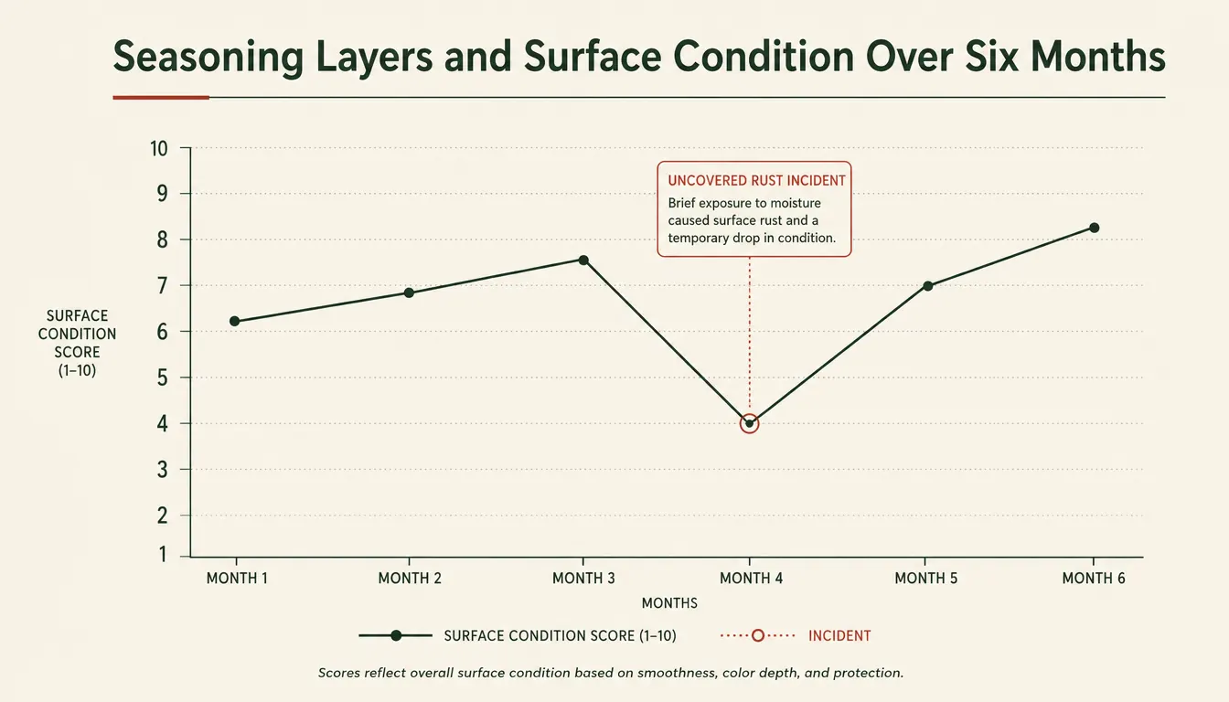 Chart showing seasoning coats applied and surface condition rating across the first six months of ownership