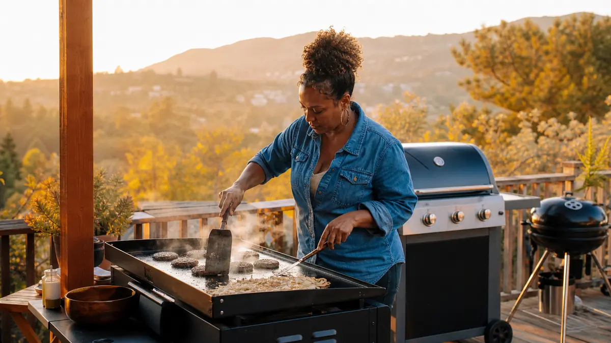 Blackstone 28 inch griddle on a wooden deck with smash burgers cooking in early evening light