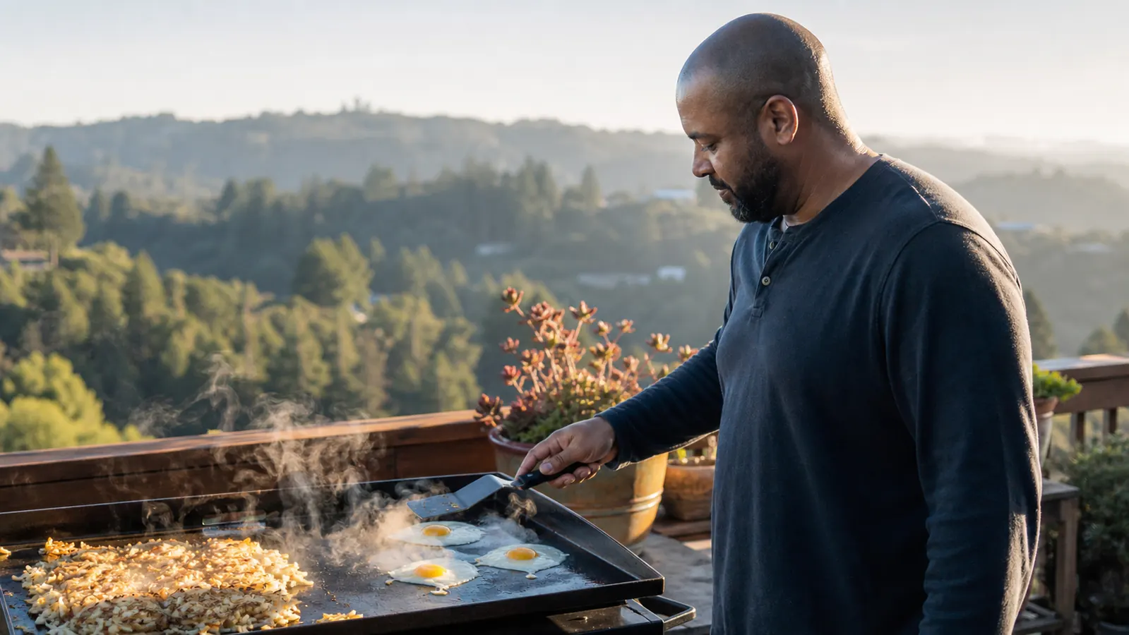 Blackstone 28 inch griddle cooking breakfast on a deck in the early morning light