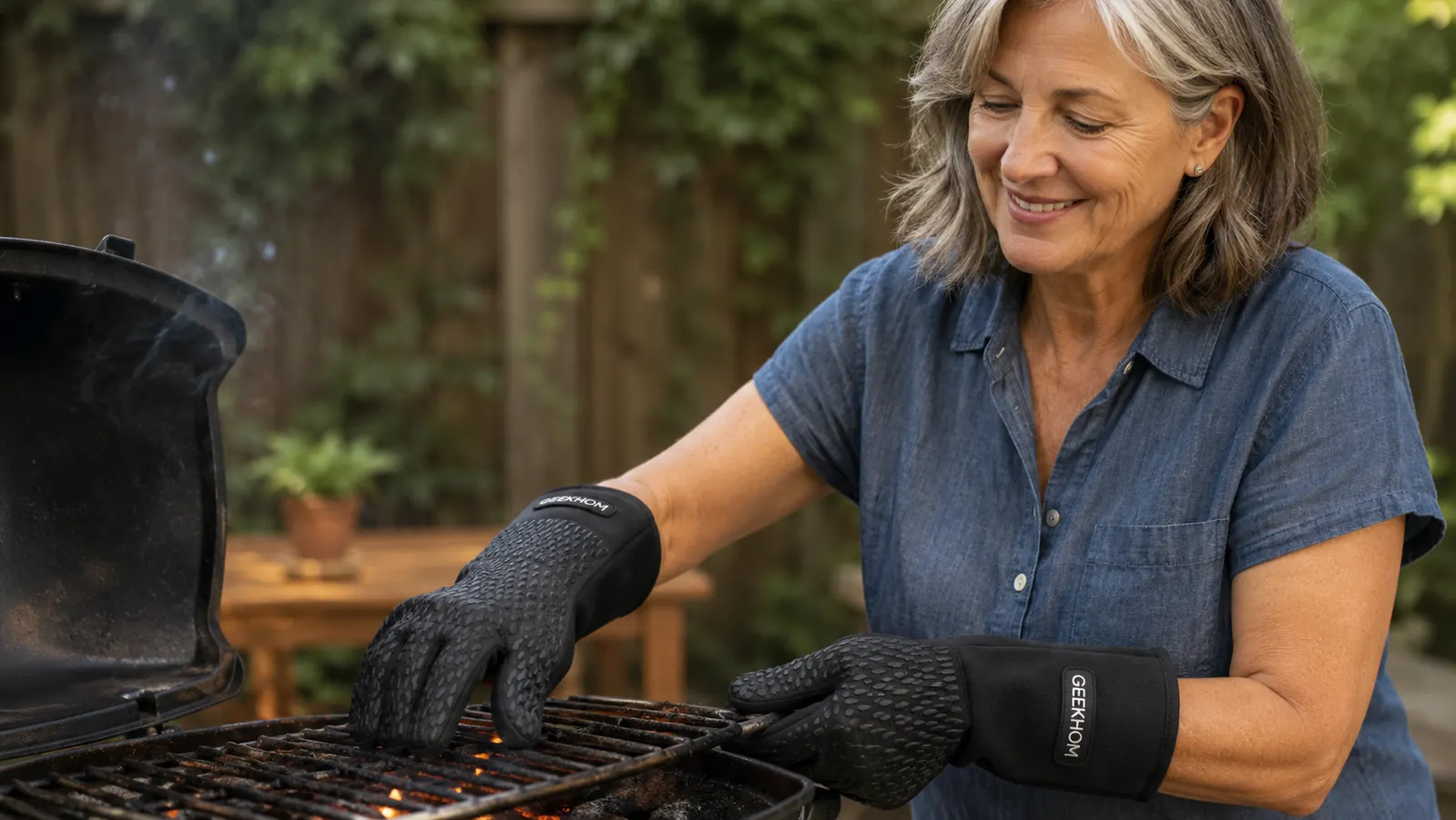 Close-up of a hand wearing a long black textured silicone BBQ glove gripping a hot cast iron grate