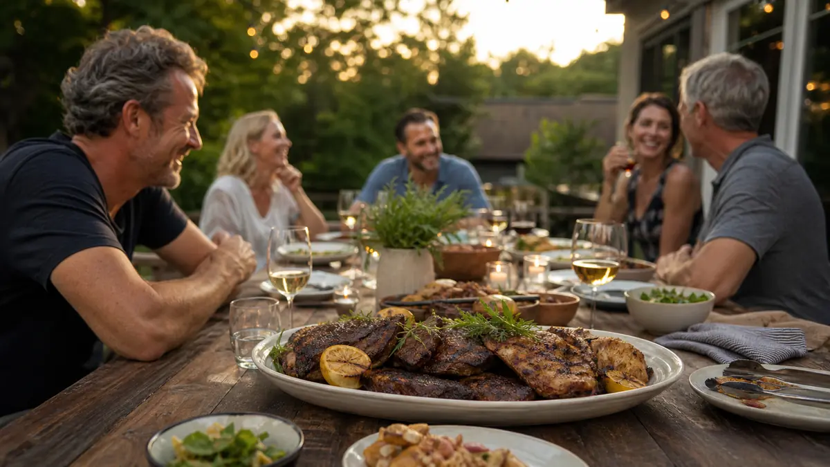 Backyard picnic table set for a Sunday cookout with plates, drinks, and a platter of grilled chicken, friends chatting in the background