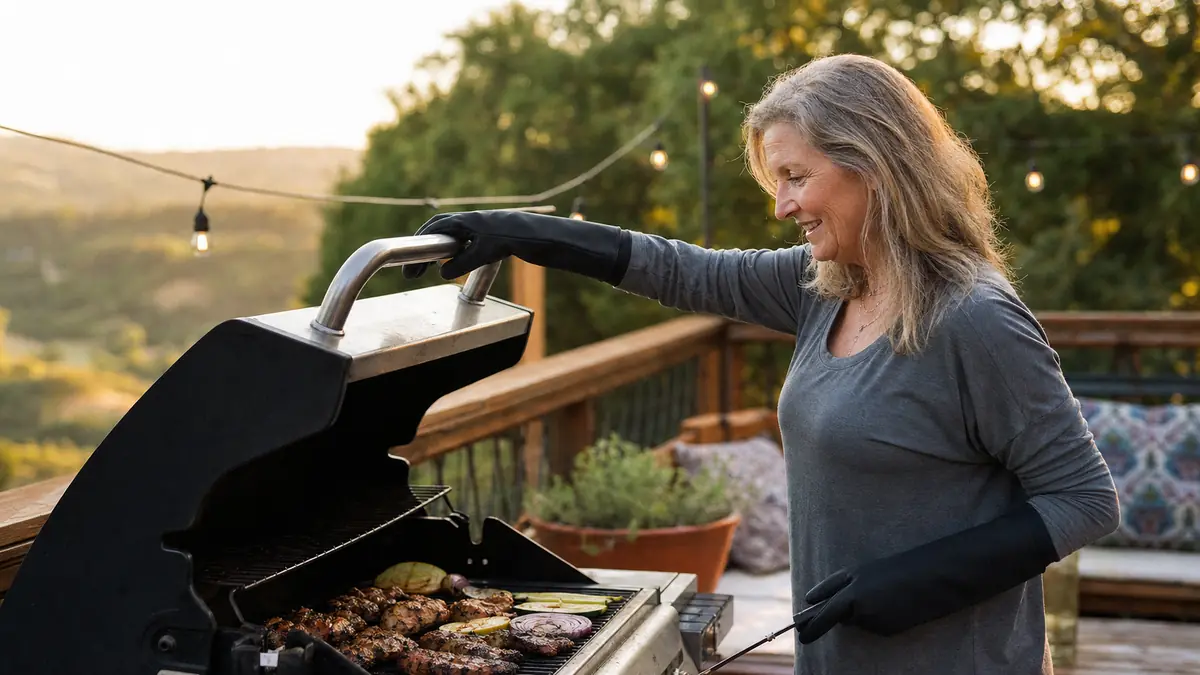 Woman in her sixties standing at a backyard gas grill on a wooden deck in the late afternoon, wearing long black heat resistant gloves and lifting the lid