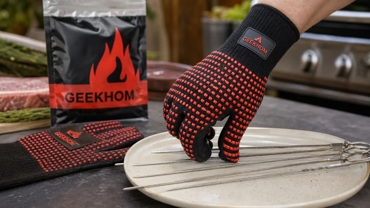 Close-up of fingertips in GEEKHOM silicone gloves failing to pinch a small skewer, showing the reduced dexterity tradeoff