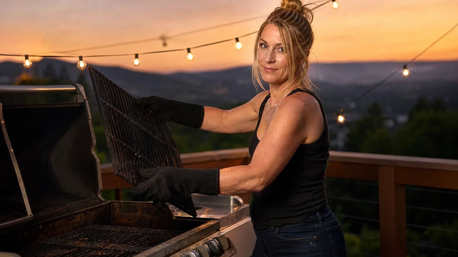Woman in her sixties wearing black silicone BBQ gloves lifting a grill grate with a smoking gas grill in the background
