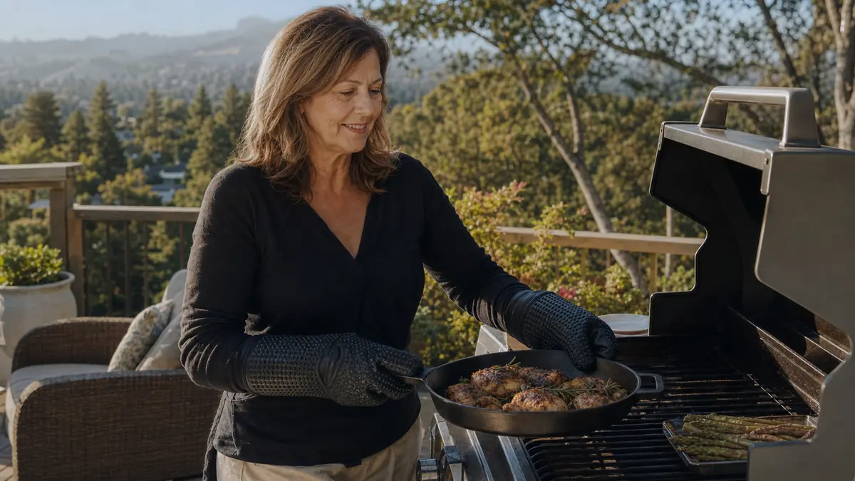Woman in her sixties wearing black silicone BBQ gloves lifting a cast iron skillet off a backyard grill at golden hour