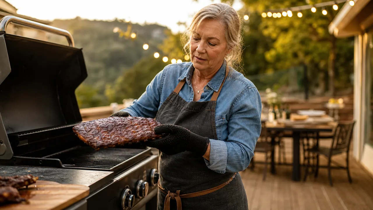 Woman in her sixties wearing black heat resistant BBQ gloves lifting a rack of ribs off a three-burner gas grill on a wooden deck in the evening light