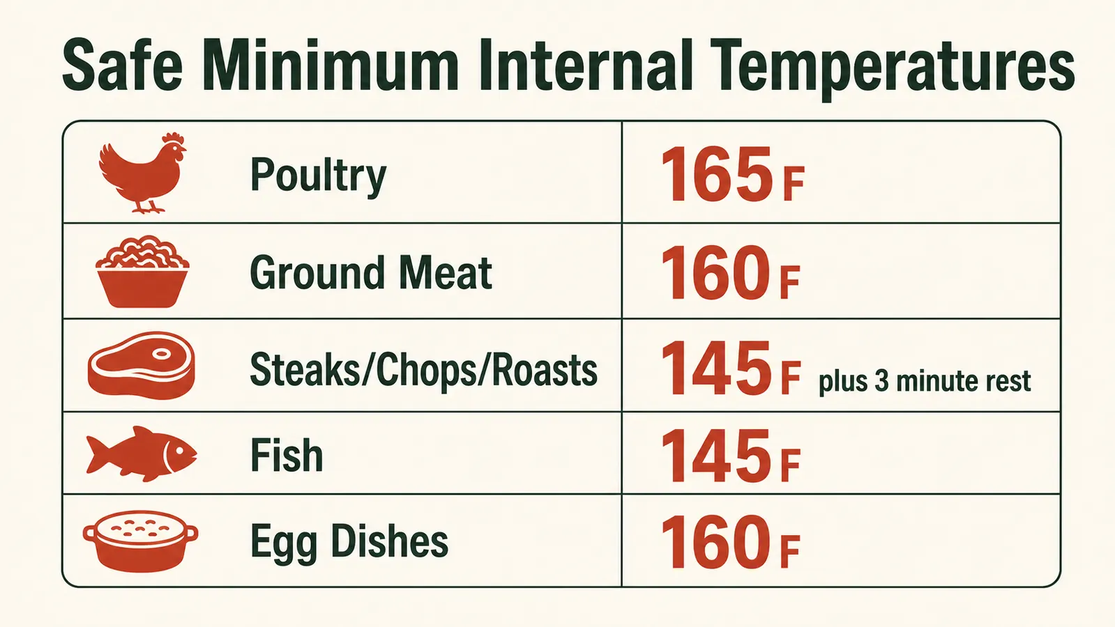 Chart showing USDA safe minimum internal temperatures for chicken, ground meat, beef and pork cuts, and fish