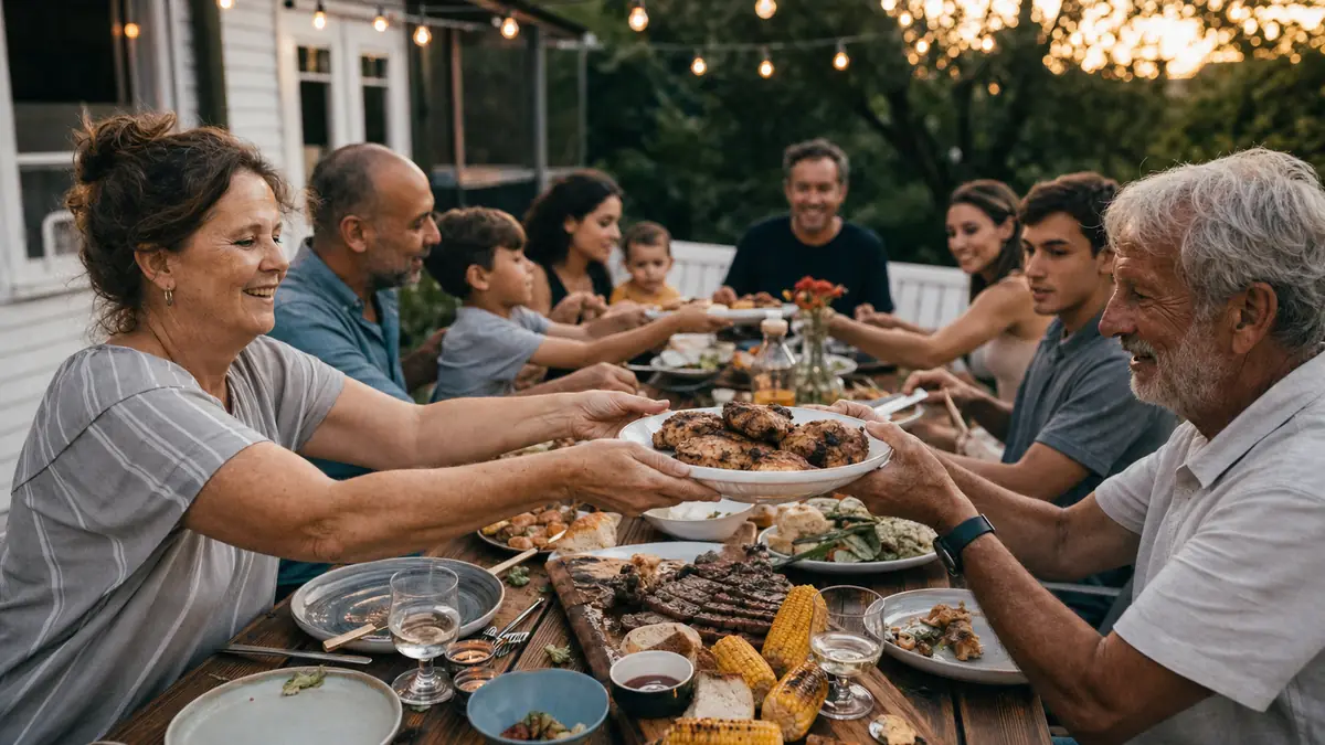Family gathered around a long outdoor table at sunset, plates of grilled food being passed, relaxed cookout scene