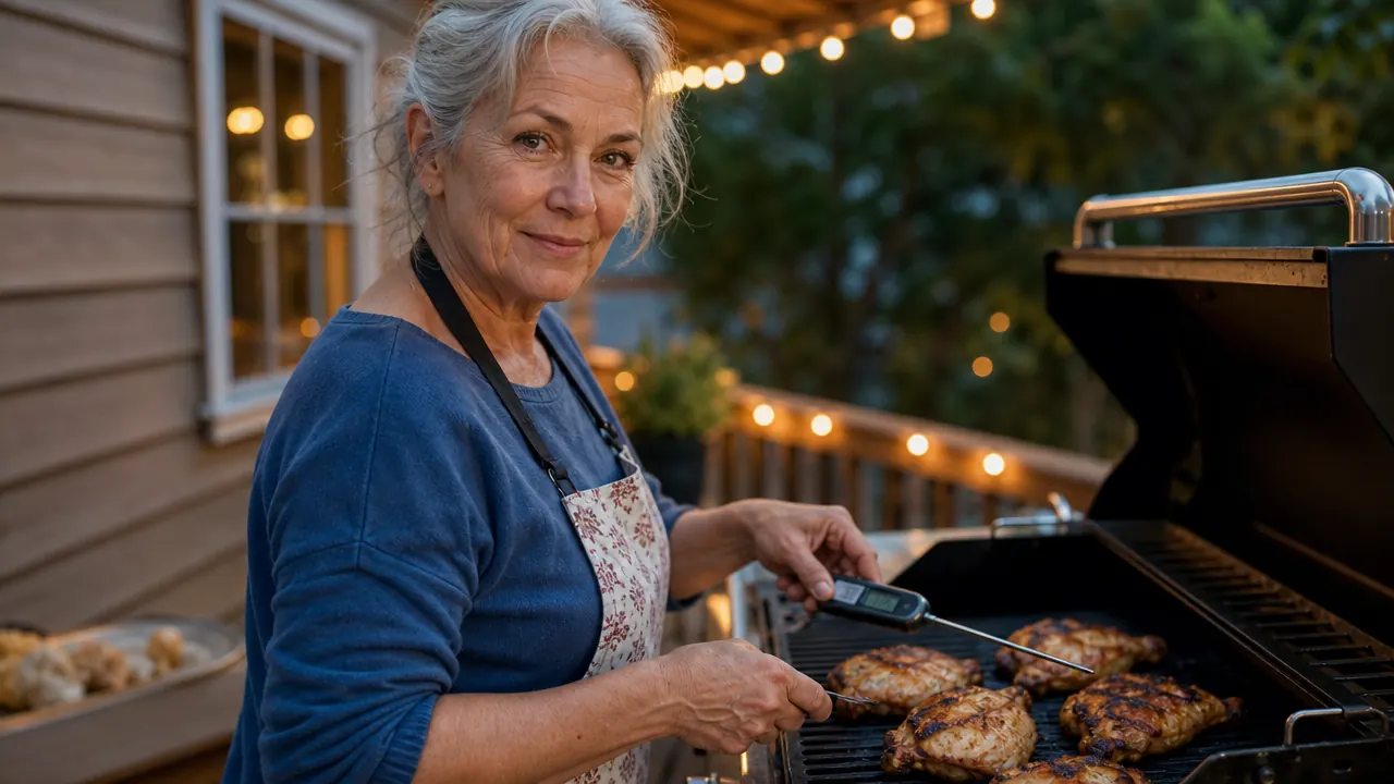 Woman on a backyard deck checking the temperature of grilled chicken with a digital instant read thermometer, evening light