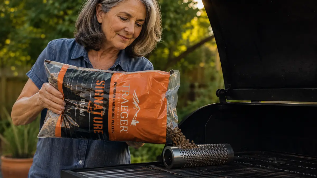 A hand pouring Traeger Signature Blend wood pellets into a stainless steel smoker tube