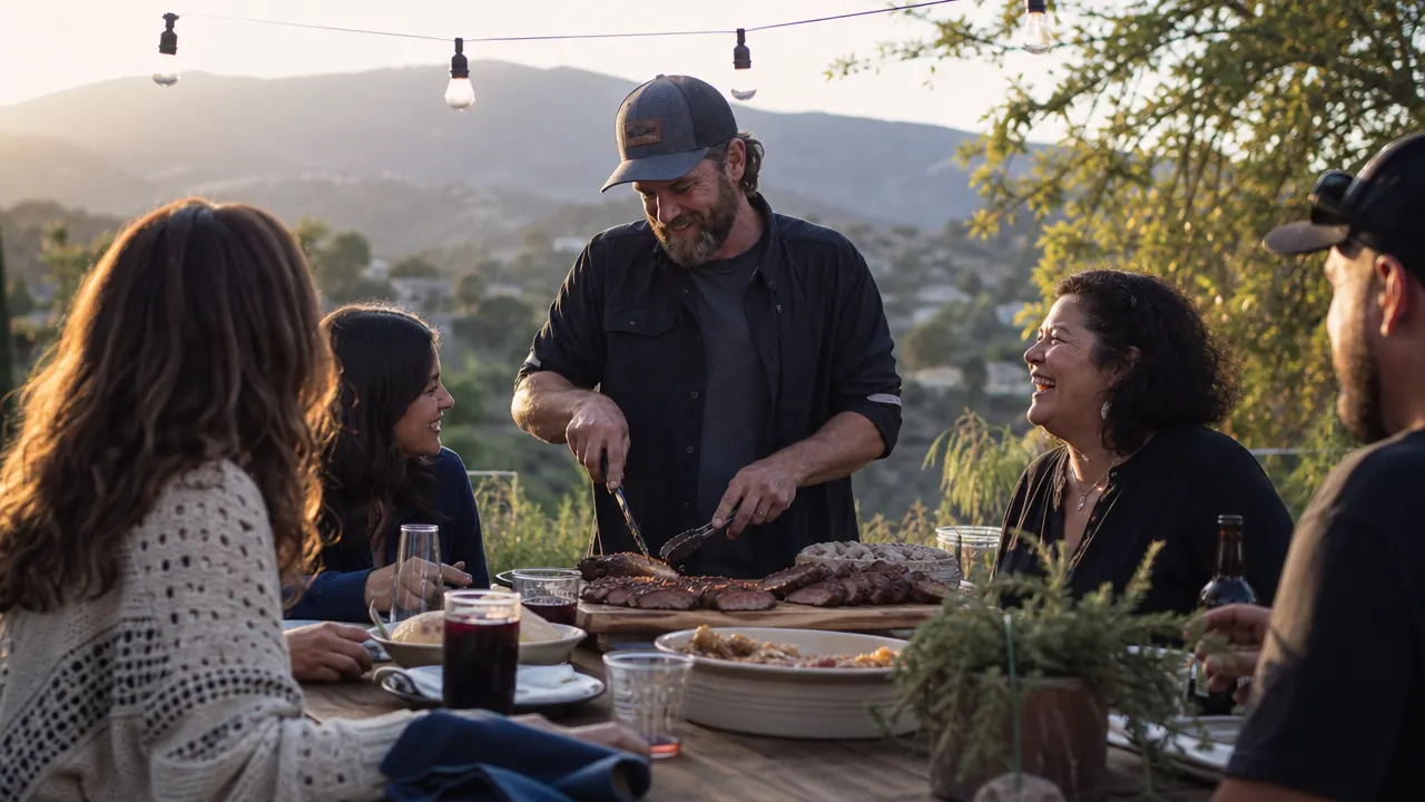 A long backyard table set for a Sunday cookout with smoked meat platters and friends gathered around