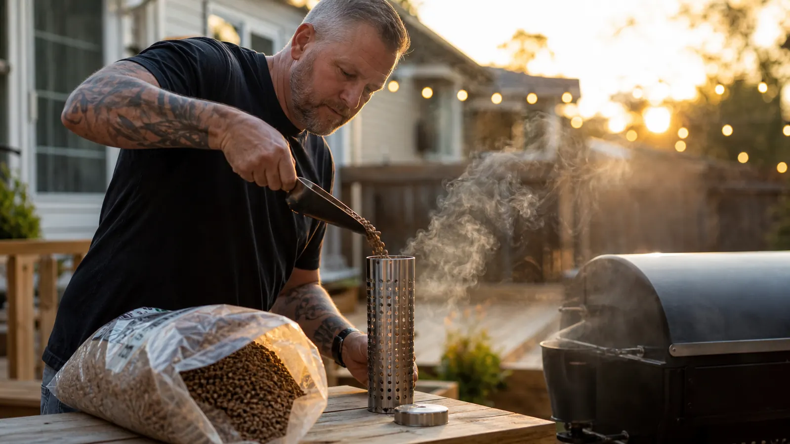 A bag of wood pellets open next to a smoker tube on a wooden patio table at golden hour
