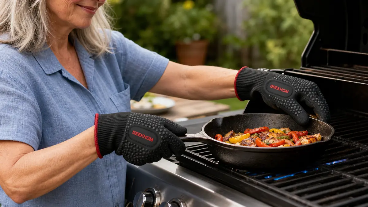 Close-up of hands in black silicone heat resistant gloves gripping a cast iron skillet handle on a hot grill