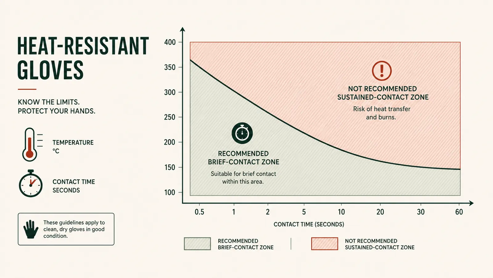 Diagram comparing safe contact time versus sustained contact time for heat resistant gloves near an open flame