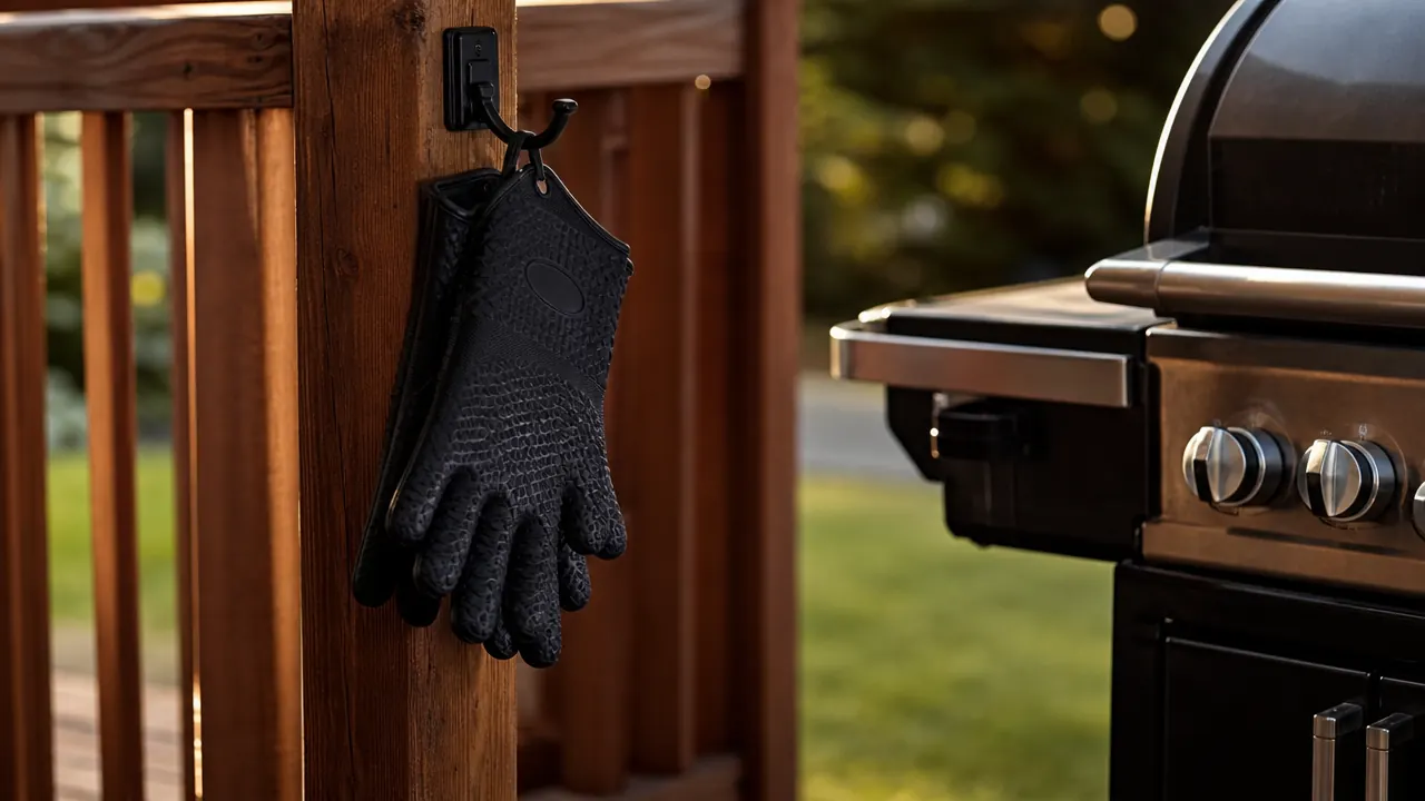 Pair of black silicone heat resistant BBQ gloves drying on a hook next to a backyard grill