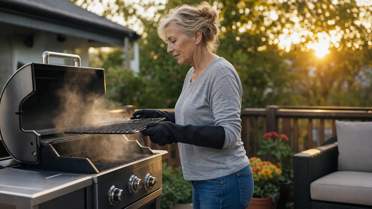 Woman in her sixties wearing black heat resistant BBQ gloves lifting a hot grate off a three-burner gas grill on a wood deck