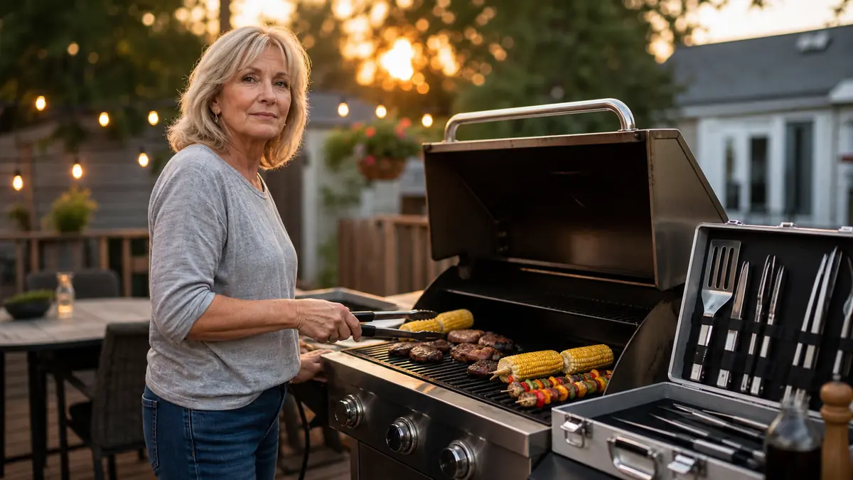 Woman grilling on a three-burner gas grill on a backyard deck in early evening light