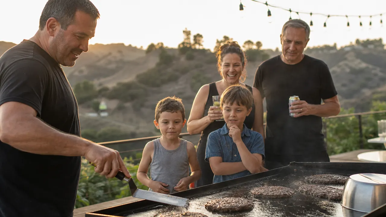 A family gathered around a seasoned outdoor griddle as smash burgers cook on the deck