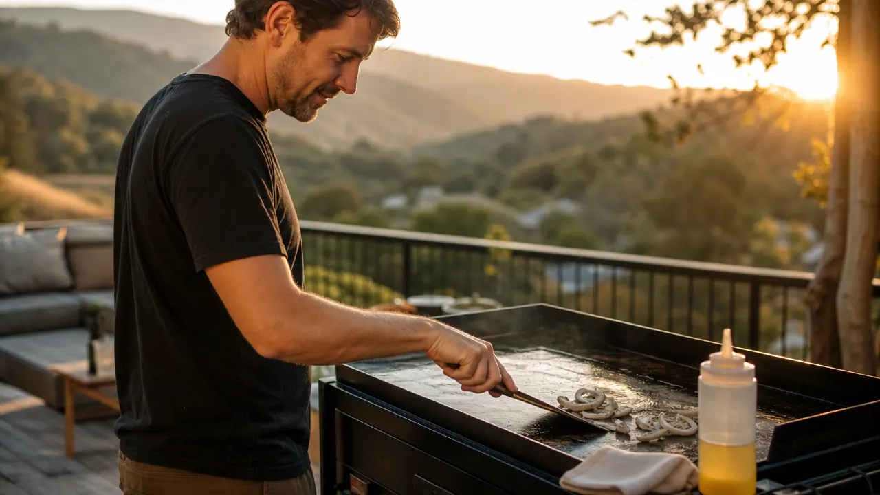 A brand new outdoor griddle on a back deck at golden hour, a thin sheen of oil catching the light