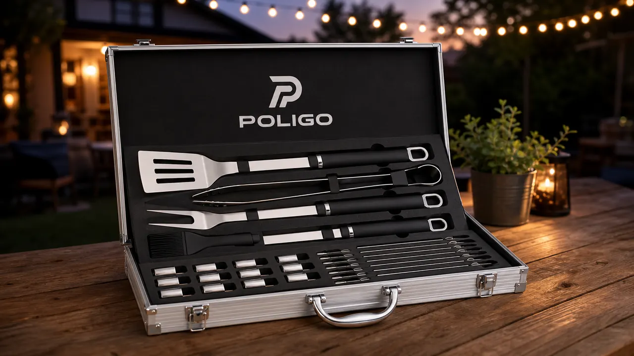 A silver aluminum carrying case open on a table showing an organized set of grill tools with non-slip handles
