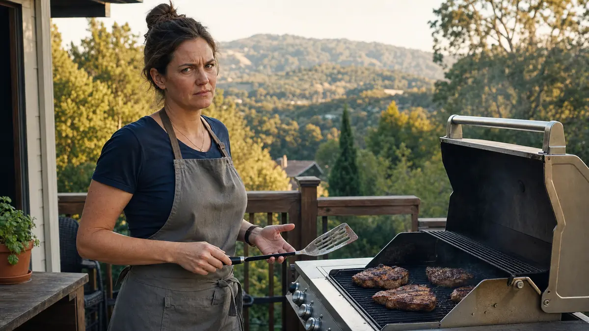 A woman in her sixties standing at a three-burner gas grill on a wooden deck in the hills, evening light, smoke drifting off the grates
