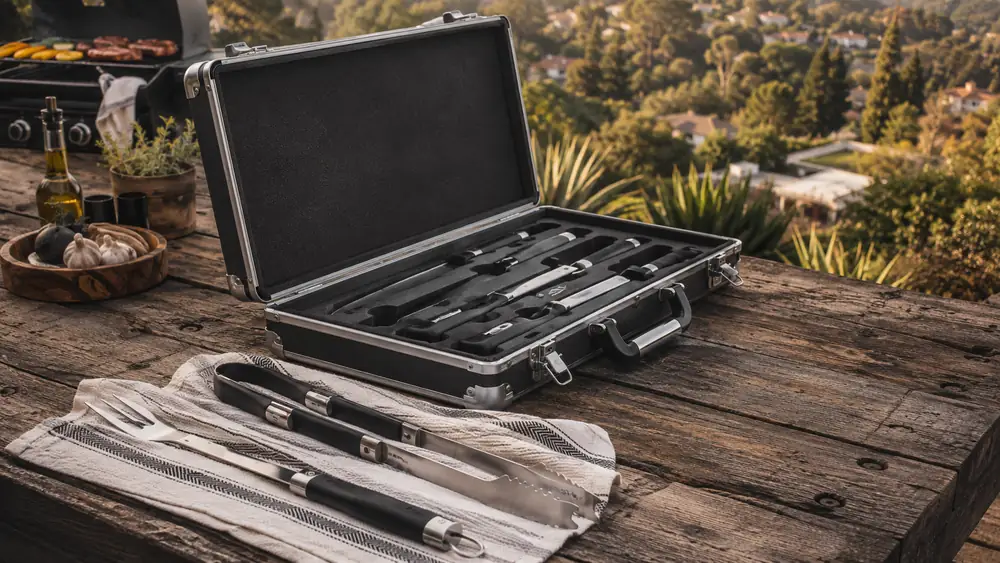 Open aluminum case of the POLIGO grill tool set on a patio table with a few tools removed