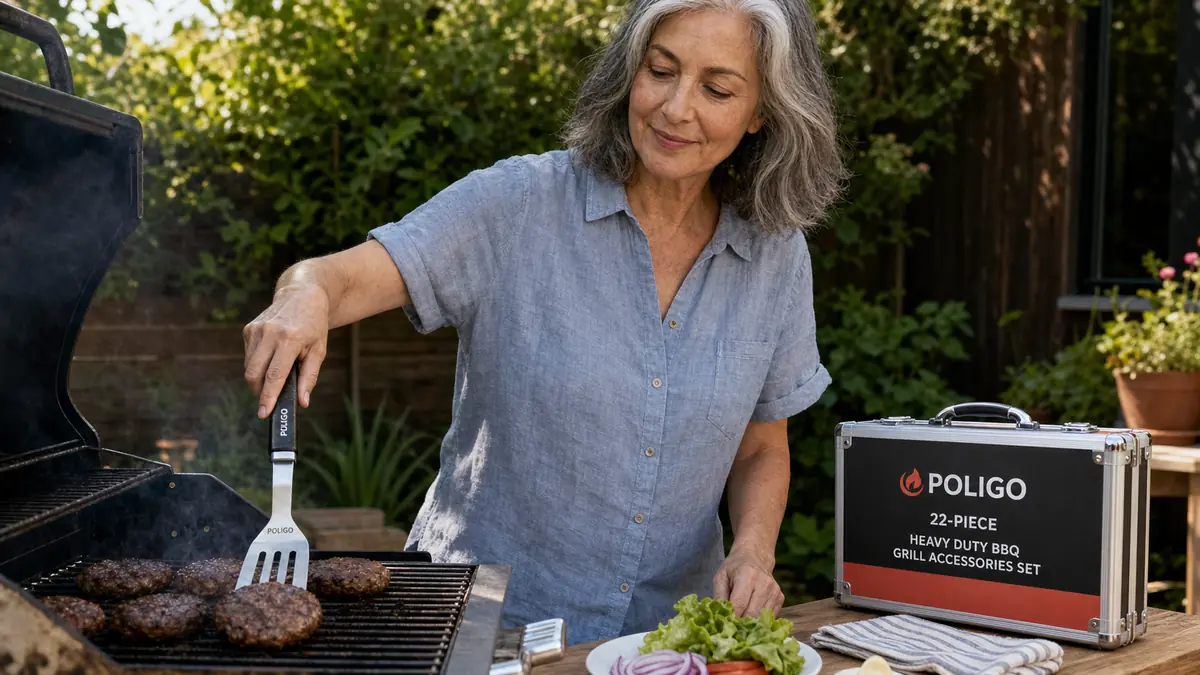 Woman's hand gripping the POLIGO spatula while flipping burgers on a gas grill grate