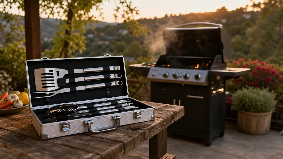 Aluminum case of grill tools open on a wooden patio table with a gas grill smoking in the background