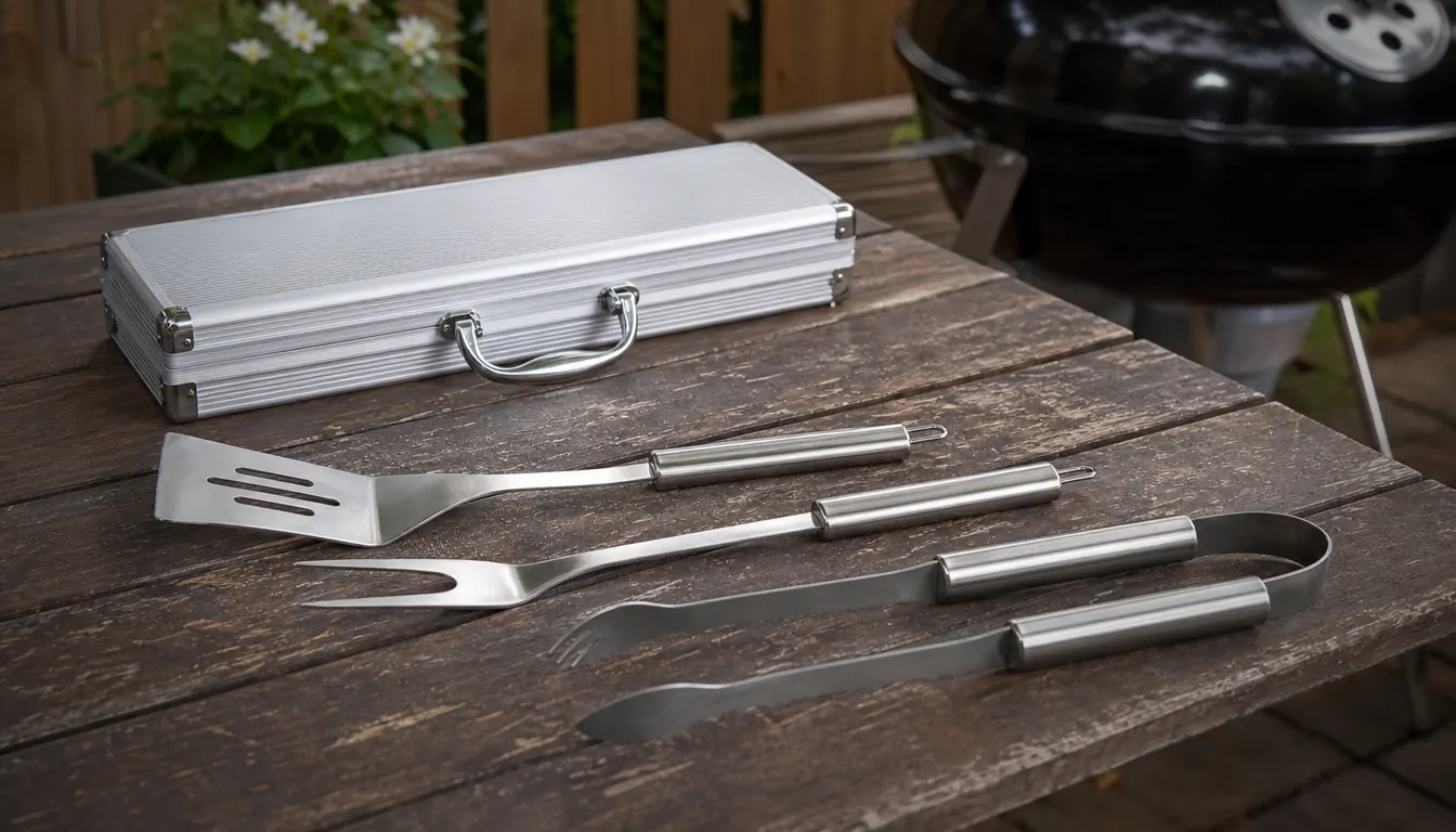 Weber three piece tool set laid out loose on a patio table next to a closed aluminum case