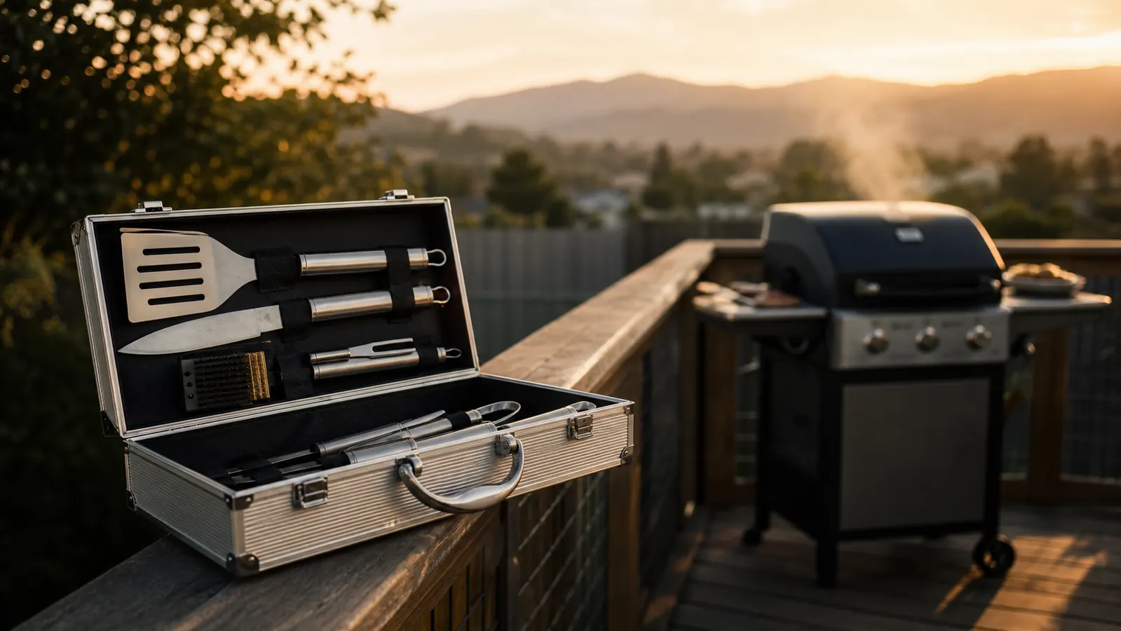 A grill tool case open on a wooden deck rail with stainless steel utensils fanned out next to a smoking three-burner gas grill