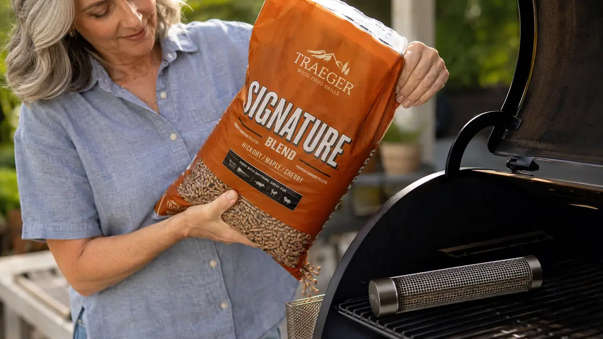 Hand filling a smoker tube with wood pellets on a backyard gas grill