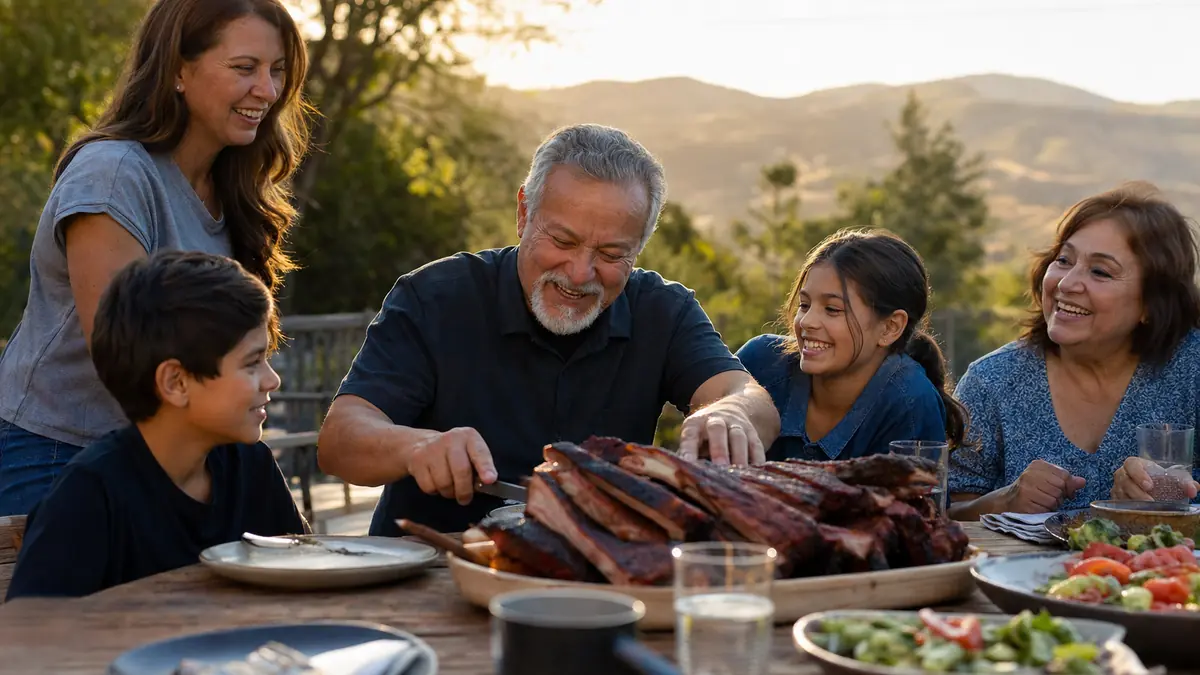 Family gathered around an outdoor table with smoked ribs at sunset in the East Bay hills