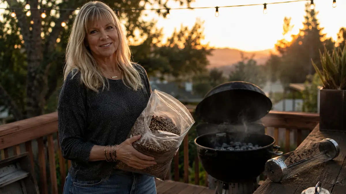 Woman in her sixties standing on a back deck at dusk holding a bag of Traeger Signature Blend pellets next to a smoker tube and charcoal kettle